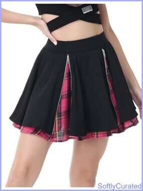 Plaid Mini Skater Skirt High Elastic Waist Flared Hem Zipper